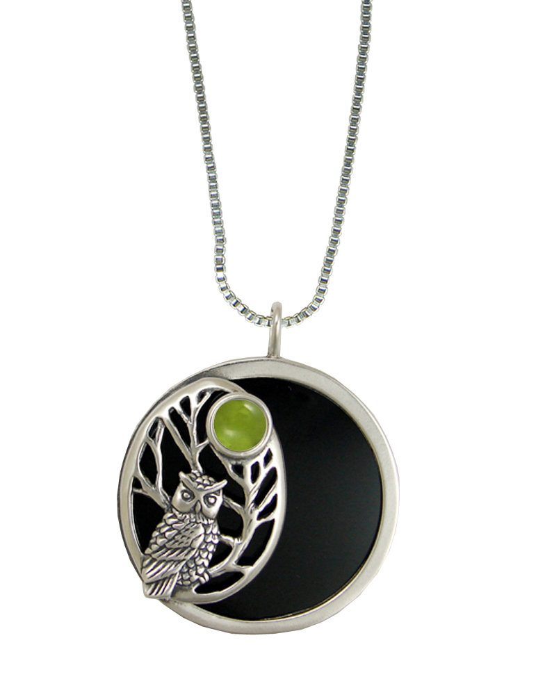 Sterling Silver Black Onyx Disc Wise Owl Pendant Necklace With Peridot